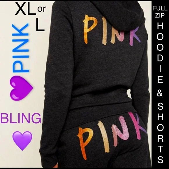 NEW VICTORIAS SECRET PINK BLING FULL XI HOODIE & SHORTS SET